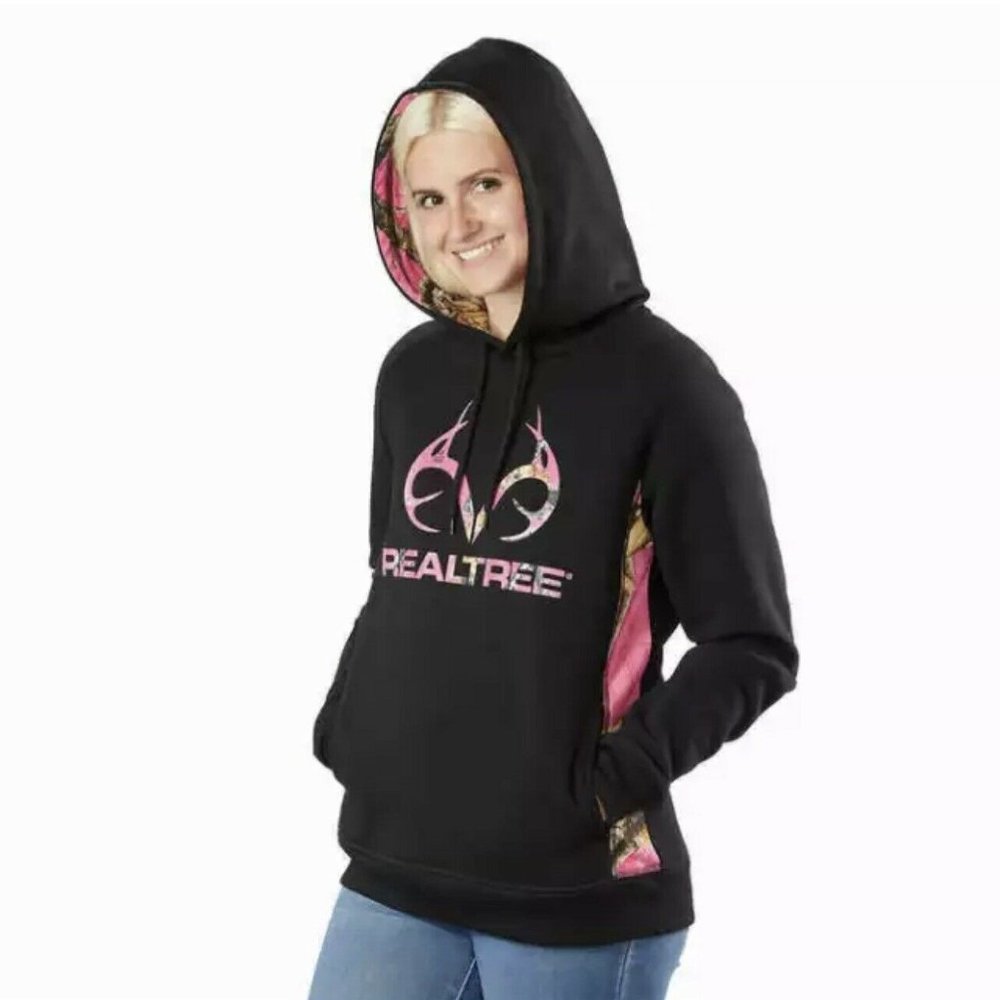 Realtree Women's Black Pink Camo Pullover Hoodie Sweatshirt Size S,M,L, XL